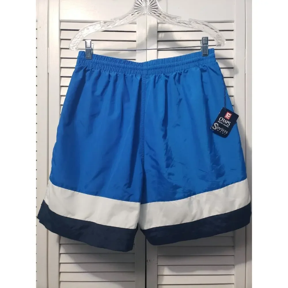 Chaps Ralph Lauren Swim Trunks Men's Size Large Blue Spell Out Lined Shorts‎ NWT